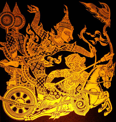 serigraphie du cambodge ramayana rama sur son char or fond noir